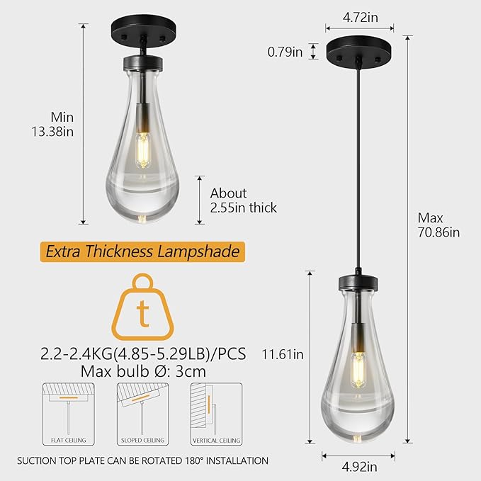 Raindrop Pendant Lights Kitchen Island Teardrop Black Hanging Light Fixtures Clear Solid Glass Pendant Light Modern Chandeliers for Dining Room Porch Corridor Living Room…