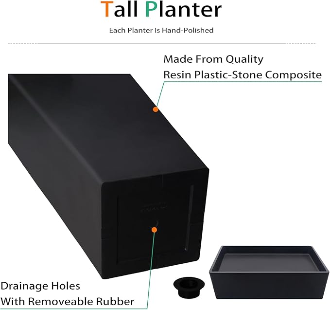 Tall Planters for Outdoor Plants, Large Resin Flower Pots with Saucers for Garden, Front Porch, Patio, Indoor - Set of 2 (Black, 34 inch - 2 Pack)