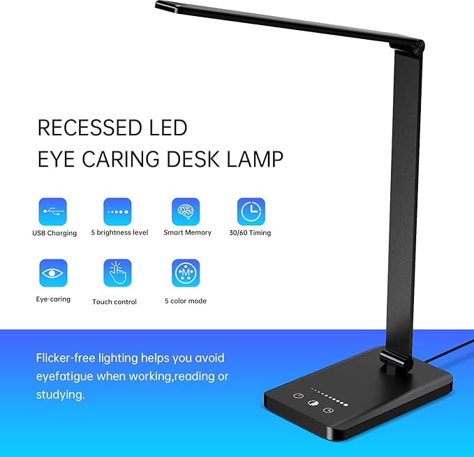 Ambertronix LED Desk Lamp with USB Charging Port, Dimmable Eye-Caring Reading Desk Light for Home, with 5 Brightness Level & 3 Lighting Modes, Touch Control, Auto Timer (Black)