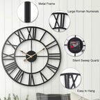 Large Industrial Wall Clock with Roman Numerals, Indoor Silent Non-Ticking Retro Clock, Vintage Metal Decorative Black Metal Art Clock Battery Operated for Home Kitchen Cafe Hotel Office Decor