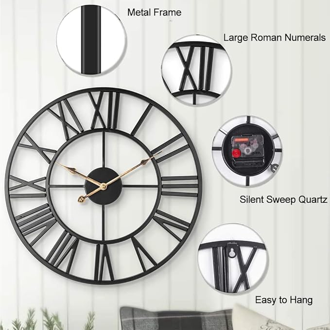 Large Industrial Wall Clock with Roman Numerals, Indoor Silent Non-Ticking Retro Clock, Vintage Metal Decorative Black Metal Art Clock Battery Operated for Home Kitchen Cafe Hotel Office Decor