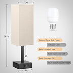 Small Linen Bedroom Lamp - 3 Color Temperature 3000K 5000K 4000K Bedside Lamp, Pull Chain Control, USB A and C Charging Ports, Black Base, for Kids Office Dorm, Bulb Included