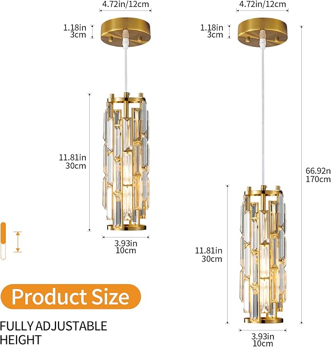 Pendant Lights Modern Gold Pendant Light Mini Crystal Chandelier Pendant Lighting for Kitchen Island Dinning Room Bedroom Kitchen Sink Lighting (Gold 2-Pack)