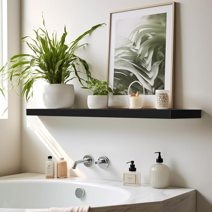 LaVie Home Floating Shelves, 24 Inch Wall Shelf Set of 2, Hanging Shelf with Invisible Brackets, Wall Decor for Bathroom, Bedroom, Living Room, Kitchen Storage, Classic Black