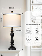 28" Set of 2 Farmhouse Table Lamps for Living room, Bedside Lamp with USB C+A Ports & AC Outlets, Black Vintage End Table Lamps for Bedrooms, Nightstand Lamps Fabric Shades Rustic 2 LED Bulbs Included