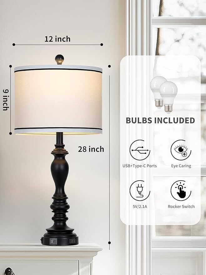 28" Set of 2 Farmhouse Table Lamps for Living room, Bedside Lamp with USB C+A Ports & AC Outlets, Black Vintage End Table Lamps for Bedrooms, Nightstand Lamps Fabric Shades Rustic 2 LED Bulbs Included
