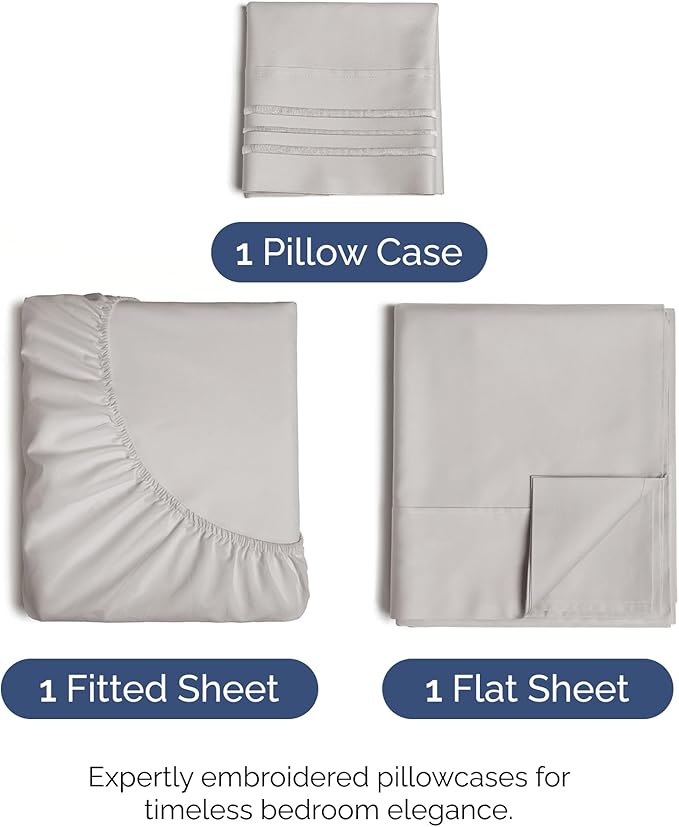 Twin Size 3 Piece Sheet Set - Comfy Breathable & Cooling Bed Sheets Set - Hotel Luxury Bedding for Women, Men, Kids, Teens, Boys & Girls - Deep Pockets, Soft and Wrinkle Free - Oeko-Tex - Light Grey