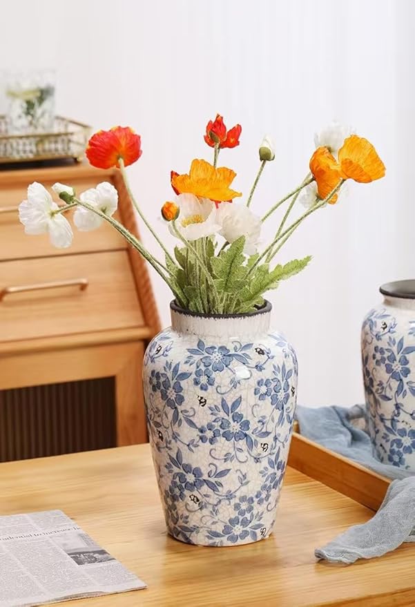 Decorative 10 inch Ceramic Flower Vase, Blue and White Floral Pattern, Crackle Glaze Finish