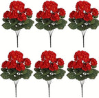 Artificial 5-Bud Red Geranium Flowers, Faux Flowers for Patio or Balcony, UV Resistant Artificial Flowers for Outdoors, Wedding Decor, Fake Plants for Garden or Home Decoration