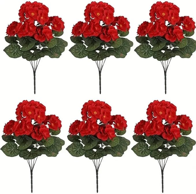 Artificial 5-Bud Red Geranium Flowers, Faux Flowers for Patio or Balcony, UV Resistant Artificial Flowers for Outdoors, Wedding Decor, Fake Plants for Garden or Home Decoration