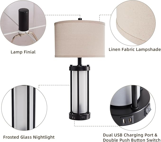 Modern Table Lamps for Living Room, Industrial Beside Lamps with 2 USB Ports, Rustic Nightstand Lamp with White Frosted Glass Night Light for Bedroom End Table Entryway, 2 Bulb Included