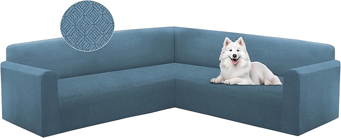 HDCAXKJ Sectional Couch Cover L Shape Stretch Sofa Covers Washable Jacquard Corner Couch Slipcover Non Slip Sectional Slip Cover U Shaped Furniture Protector for Pets Dogs (Light Blue, Medium)