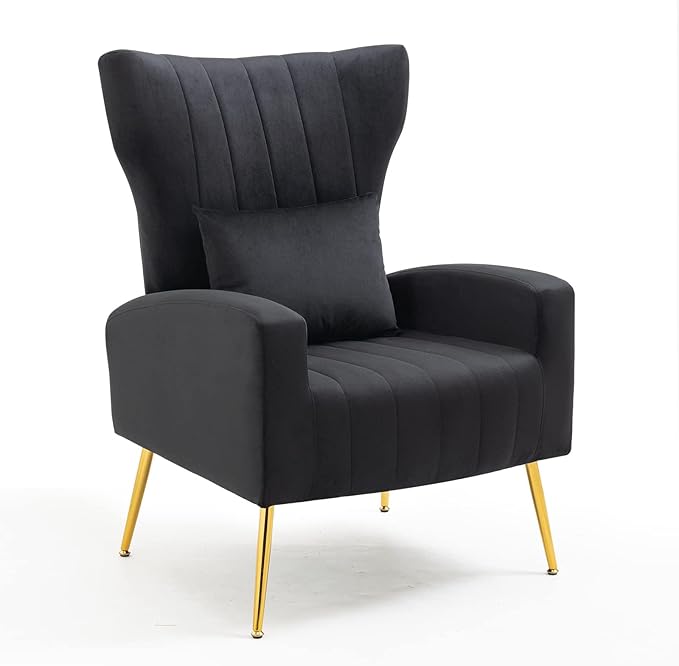 X-VOLSPORT Velvet Accent Chair, Mid Century Modern High Back Living Room Chair with Waist Pillow, Upholstered Arm Chair with Metal Gold Legs for Bedroom, Club, Black