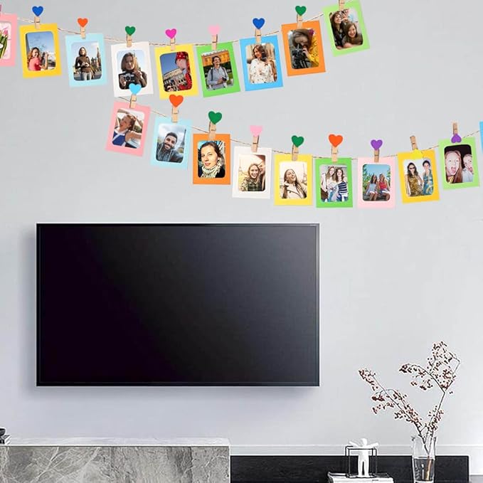 30 Pcs Color Paper Photo Frame Wall Decoration for 4x6 Inch Photos, with Color Heart Clips 30 Pcs and 3 Ropes for Home, Office, School Classroom, Wedding and Party Decoration.