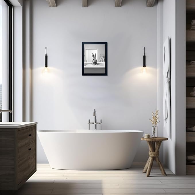 Melpa Art Kids Bathroom Wall Decor, Black and White Cute Animal Canvas Print Painting, Funny Rabbit in Bathtub Bathroom, Farmhouse Picture Wall Decor Artwork