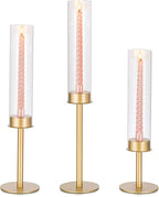 Glasseam Hurricane Gold Candlestick Holder: Metal Matte Taper Candle Holders with Glass Cylinder Shade Set of 3, Modern Candle Holder for Table Centerpiece Wedding Christmas Decoration