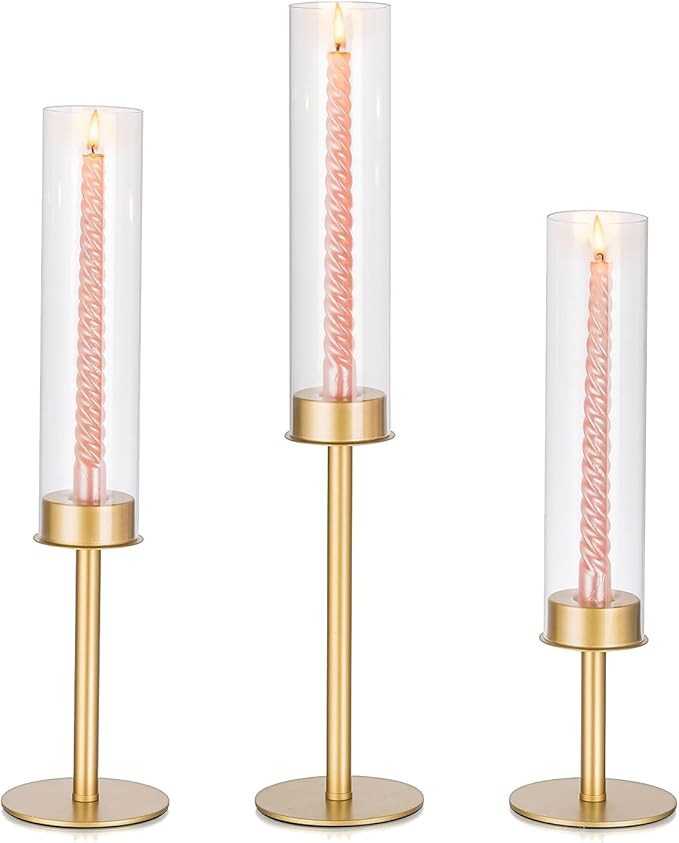 Glasseam Hurricane Gold Candlestick Holder: Metal Matte Taper Candle Holders with Glass Cylinder Shade Set of 3, Modern Candle Holder for Table Centerpiece Wedding Christmas Decoration
