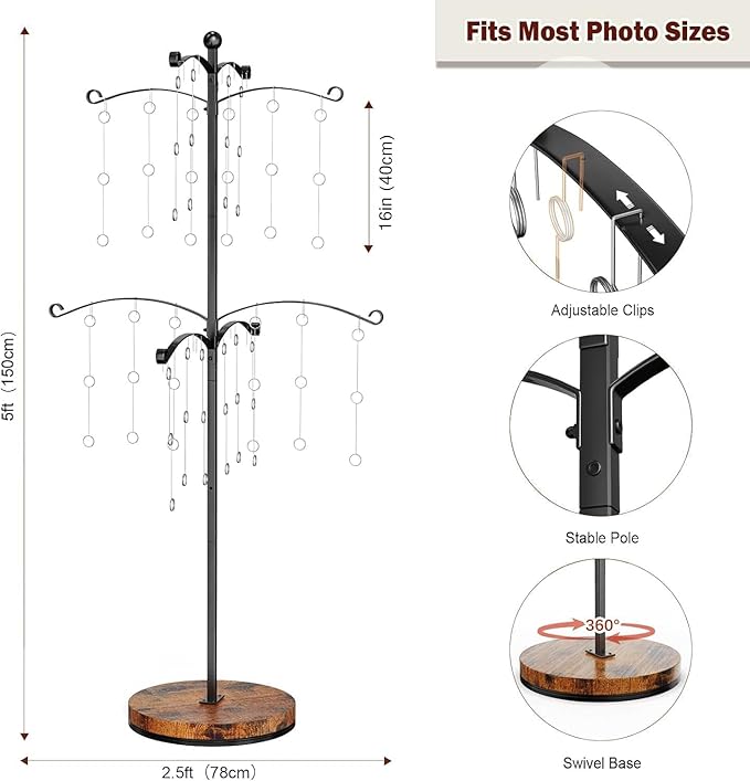 Miratino 5FT Family Tree,Party Photo Display Tree, Picture Holder Stand,90 Clips Holder for 4x6, 5x7 Picture Polaroid Frames Hanging & Card Tree Holders (Black)