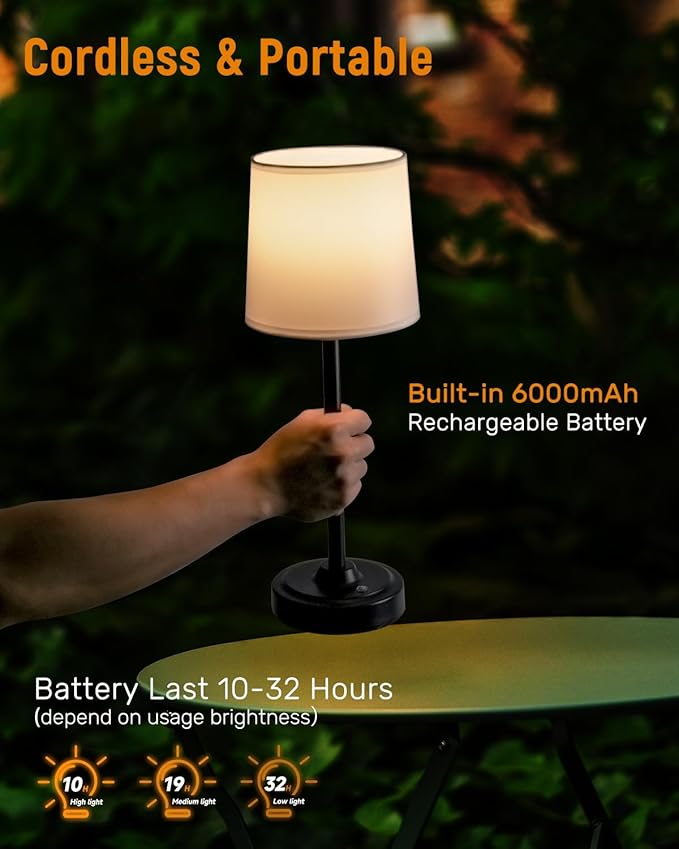 Cordless Led Table lamp,6000mAh Battery Powered Table Light,Wireless Lamps for Living Room Restaurant/Patio/Home Bar/Dining/Dinner/Bedside/Nightstand/Desk lamp-Touch Lamp-Black/Vintage