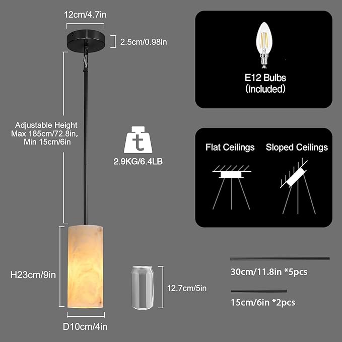 Alabaster Pendant Lights Kitchen Island, Modern Marble Pendant Lighting, Adjustable Black Pendant Lights Fixtures for Bedroom Bathroom Dinning Room(Include E12 Bulb)