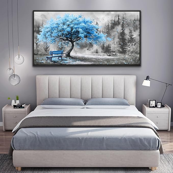 ZUITINGHUA Black Framed Canvas Wall Art For Living Room Large Wall Decor For Office Bedroom Decorations Blue Tree Landscape Pictures Black And White Paintings Artwork Aesthetic Home Decor 30x60 In