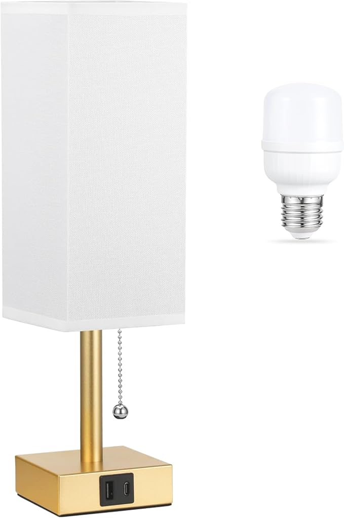 aooshine White Small Table Lamp for Bedroom - 3 Color Temperature 3000K 5000K 4000K Bedside Lamp, Pull Chain Control, USB A and C Ports, Pure Gold Color Base, Bulb Included