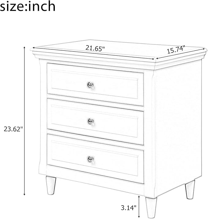 Lamerge White Nightstand with 3 Drawers,Sofa Side Table/End Table,Wooden Legs,Storage Cabinet for Bedroom, Living Room, 15.75" D x 21.65" W x 23.6" H, LWN3-White（Set of 2）