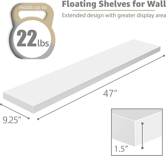 Sorbus Floating Shelves for Wall - 48 Inch Long Bathroom Shelves, Wall Decor for Bedroom, Kitchen, Living Room & Book Storage - Mounted Floating Shelf with Invisible Brackets (White, 3 Pack)