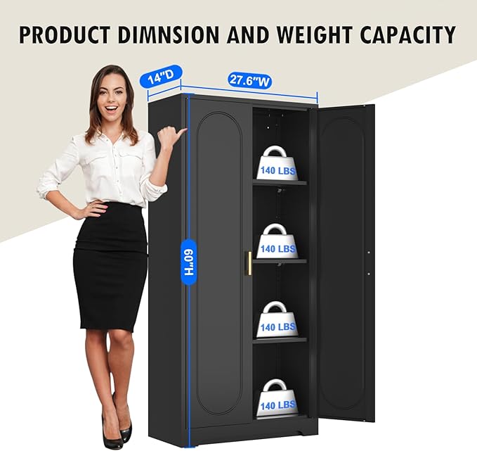 60" Tall Kitchen Pantry Cabinet, Metal Pantry Cabinet with Doors and Adjustable Shelves, Black Utility Storage Cabinet with Handles for Dining Room, Bathroom, Laundry Room - Assemble Required