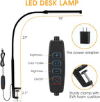 LED Desk Lamp with Clamp, Eye-Caring Clip on Lights for Home Office, 3 Modes 10 Brightness, Long Flexible Gooseneck, Metal, Swing Arm Architect Task Table Lamps with USB Adapter, Black