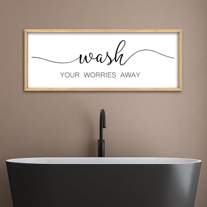 ZZJJHYWGQ Wash Your Worries Away Bathroom Wall Decor 32x12 Inch Laundry Room Funny Large Sign Wooden Framed Wall Hanging Art (Wood)
