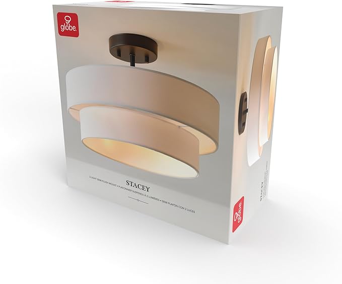 Globe Electric 66000138 2-Light Semi-Flush Mount Ceiling Light, Matte Black, 2-Tier, White Linen Shade, Home Improvement, Dining Room, Kitchen