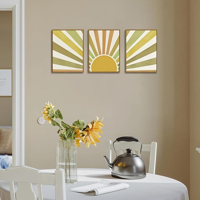Bwodke Boho Wall Art, Framed Abstract Sunshine Wall Art, Sun Rising Neutral Canvas Wall Decor, Mid Century Geometric Pictures Set of 3, Minimalist Paintings, for Bedroom Living Room Bathroom 16"x24"