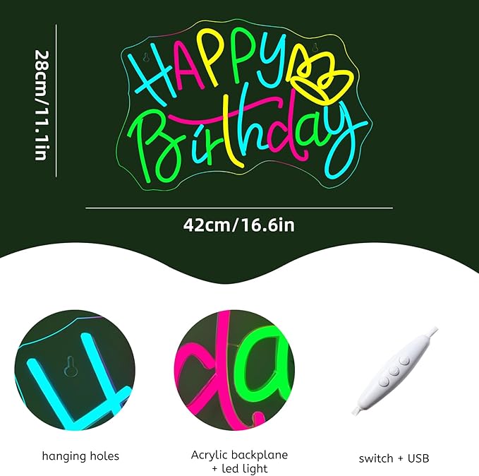 WLHOPE Happy Birthday Neon Sign Dimmable Led Lights for party Wall Decor USB Powered Transparent Acrylic Board Light Signs for club children kids friends gift Decoration16.54 * 11.02 inch