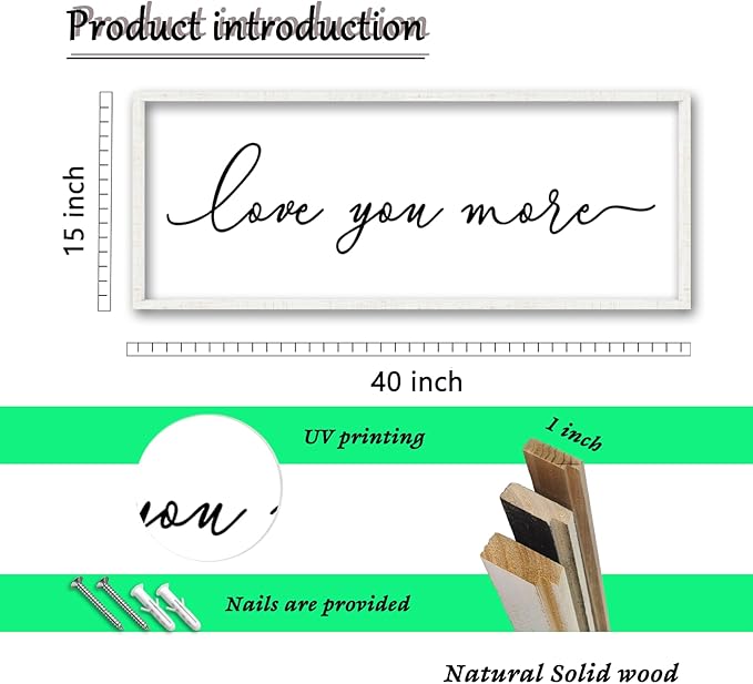 ZZJJHYWGQ Love You More Wall Decor Art 40''×15'' for Large Master Bedroom Above Over Sign Bed Framed Wood Wall Hanging Decor (White)