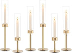 Gold Hurricane Candle Holders Set of 6, Tall Metal & Windproof Glass Taper Candle Holders, Outdoor/Indoor Table Centerpieces for Weddings, Christmas, Parties, Fireplace Decor