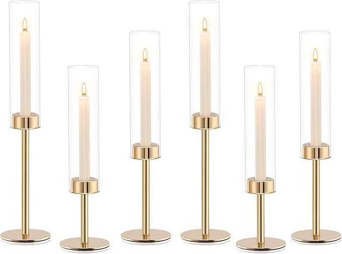 Gold Hurricane Candle Holders Set of 6, Tall Metal & Windproof Glass Taper Candle Holders, Outdoor/Indoor Table Centerpieces for Weddings, Christmas, Parties, Fireplace Decor