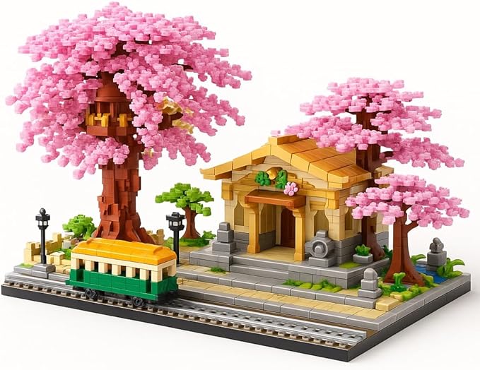Cherry Train Building Set, Japanese Sakura Train Station Scene with Cherry Blossom Trees, Collectible Architecture Model Kit Mini Bricks Toys 3668 Pieces