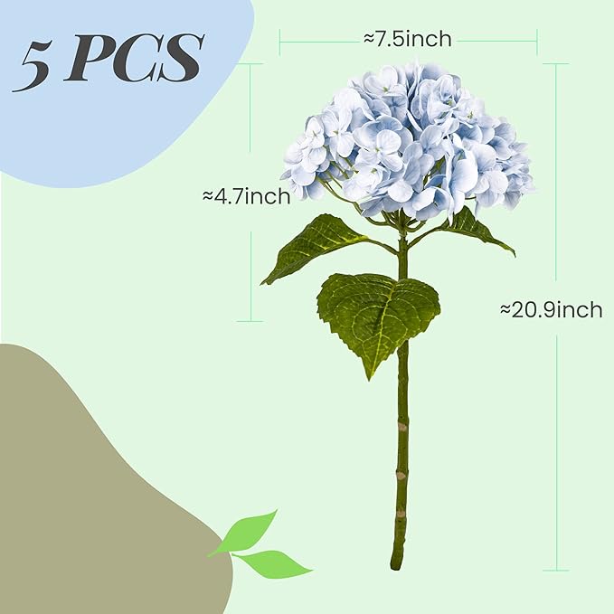 Yatim 21In Blue Artificial Hydrangea Flowers 5 Pcs Real Touch 3D Print Latex Flowers for Wedding Centerpieces Bouquets DIY Floral Decor Home Decoration with Stems