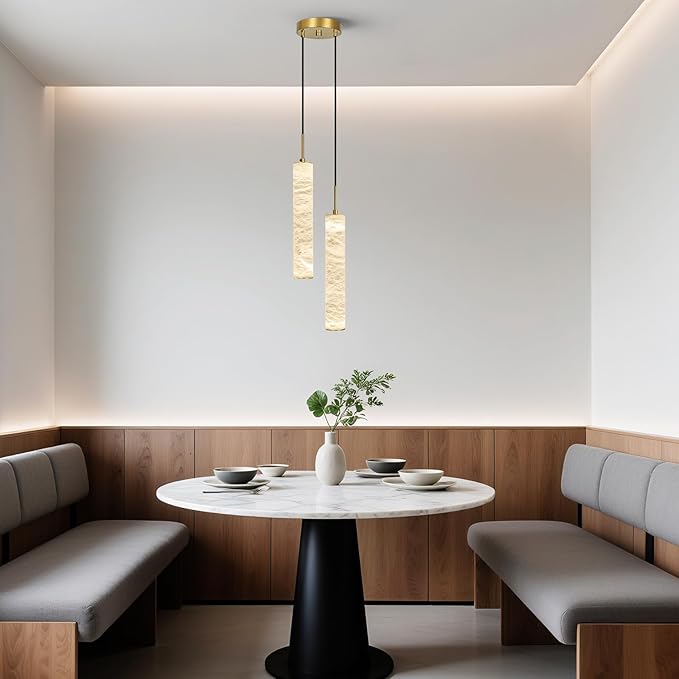 LMQNINE Natural Alabaster Pendant Lights for Kitchen Island White Marble Long Tube Chandelier Modern Gold Ceiling Light Fixtures for Bedroom Dining Room Table Living Room Hallway(M-2Light)