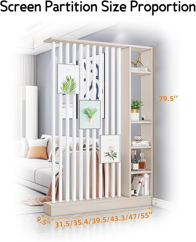 Wall Room Divider, Storage Cabinet Storage Display with Shelves, Modern Freestanding Wood Room Divider Screen, Wall Privacy Screens for Home Decorative (Beige+White,39.5" L x 9.5" W x 79.5" H)