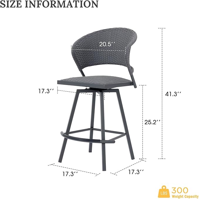 VICLLAX Patio Bar Stool Chairs with Footrests and Padded Seat, Bar Height Swivel Patio Chairs Set of 6, Woven Wicker Swivel Bar Stools for Lawn Garden, Grey