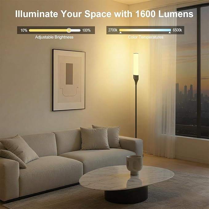 LED Floor Lamp for Living Room, Smart Floor Lamp with Bluetooth Speaker and White Noises, 1600LM Bright Modern Standing Lamp with Music Sync, Remote Control, RGB Corner Lamp for Bedroom, Office