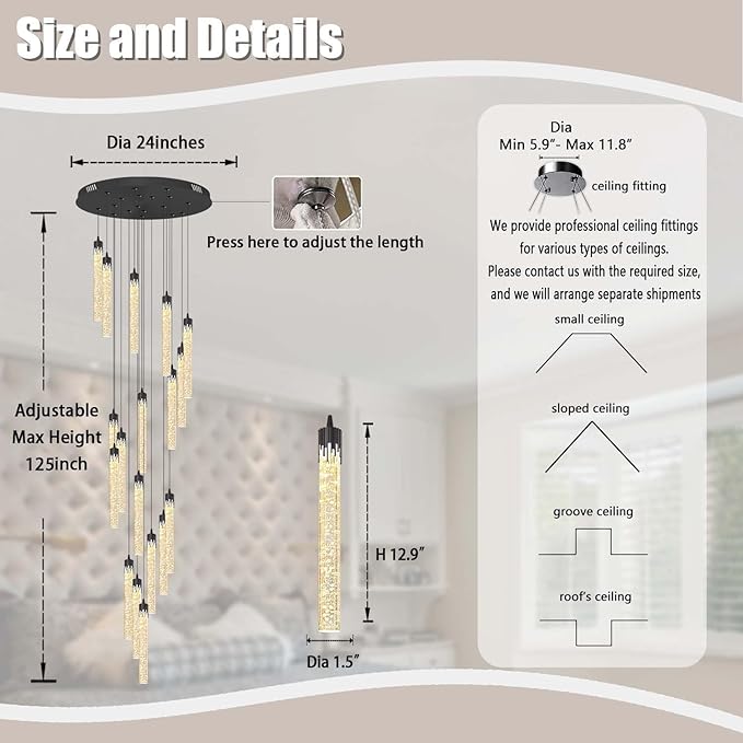 H125'' Modern Crystal Chandeliers for Entryway 18-Lights LED Dimmable Chandeliers Lighting Fixture Large Pendant Light for Staircaes Living Room Villa