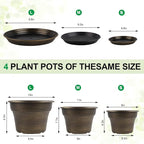 Plant Planters Pots Set of 4 Pack 13 Inch，Large Plastic Flower Pot for Indoor Plants with Drainage Holes & Trays, Resin Decorative Container Sets with Saucer for House Outdoor Garden Plant Dark Gold