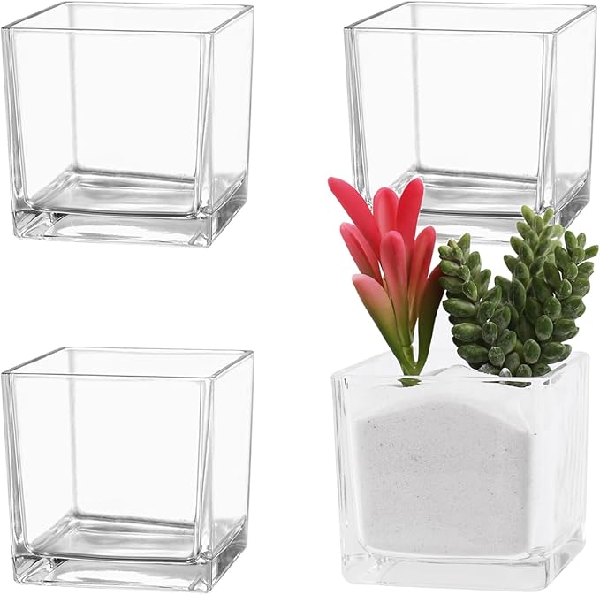 Square Flower Vases Set of 4, 3"x 3"x 3" Glass Vases for Centerpieces, Clear Vase for Flowers, Small Vase for Wedding, Party, Home Office Decoration