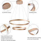 MADEM Modern LED Chandelier 2-Ring Circular Dimmable Pendant Light Contempoary Chanderlier Flush Mount Pendant Lighting for Living Room Dining Room, Bedroom,3000K-6000K, Gold, 60W