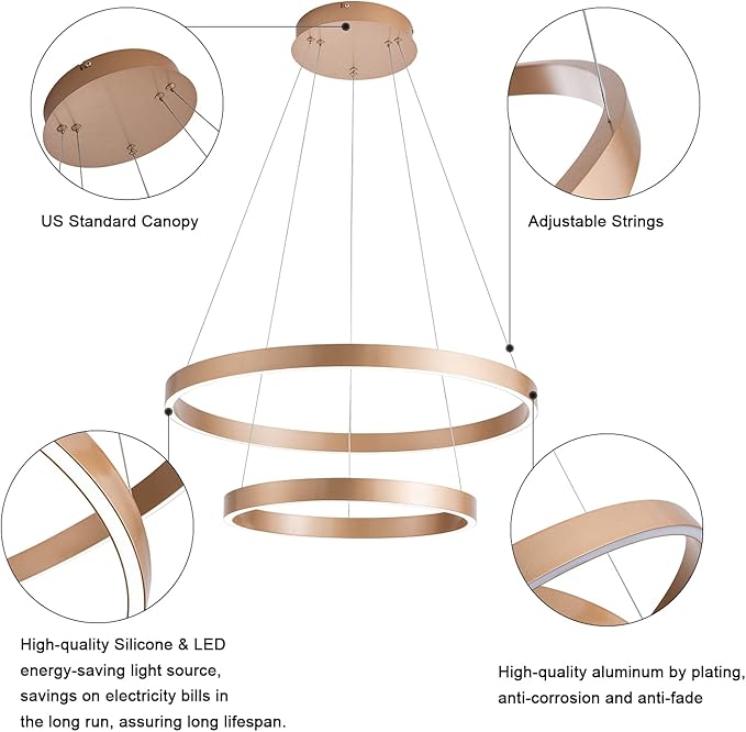 MADEM Modern LED Chandelier 2-Ring Circular Dimmable Pendant Light Contempoary Chanderlier Flush Mount Pendant Lighting for Living Room Dining Room, Bedroom,3000K-6000K, Gold, 60W