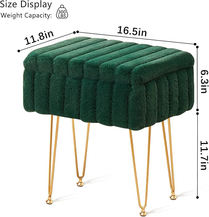 Wimarsbon Faux Mink Fur Storage Ottoman, Modern Soft Footstool, Storage Bench with Metal Legs, Vanity Seat, Fur Stool, Ottoman Coffee Table, Makeup Chair, Vanity Stools for Bedroom (Jade Green)