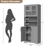 GarveeHome 67" Tall Storage Cabinet, Tall Bathroom Cabinet with Glass Doors and Adjustable Shelves, Freestanding Kitchen Pantry Cabinets, Cupboard for Living Room, Dining Room, Gray
